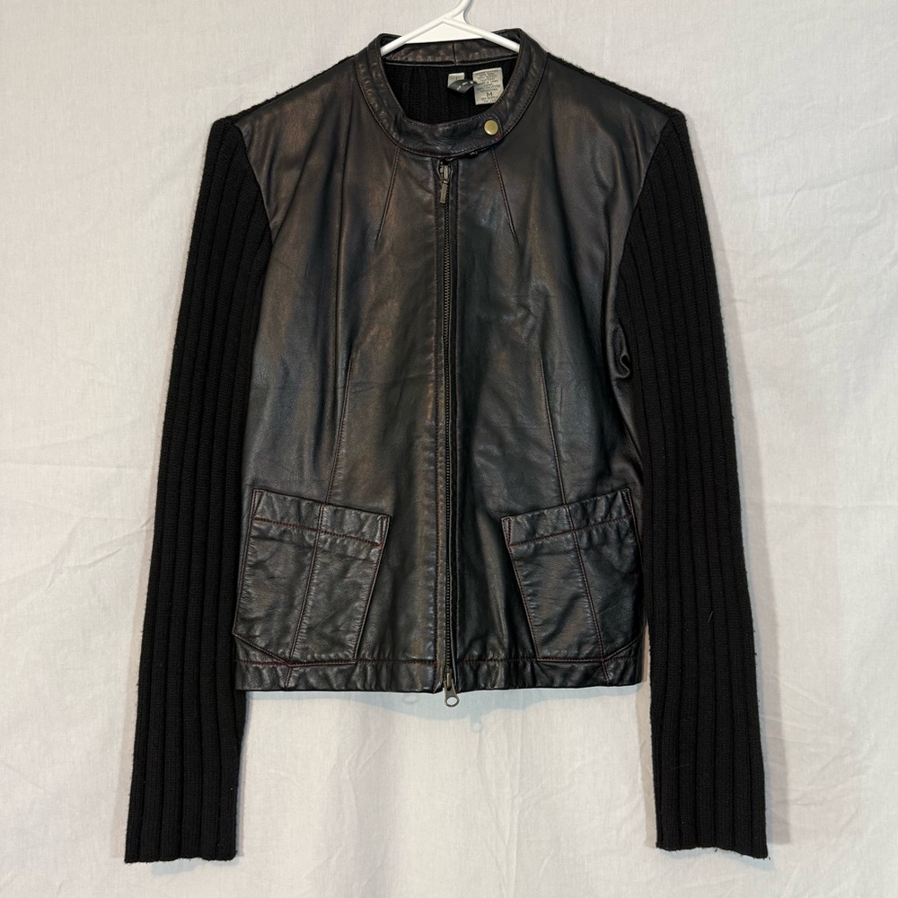 Twiggy Black Genuine Leather Jacket with Knit Sleeves - Picture 1 of 9